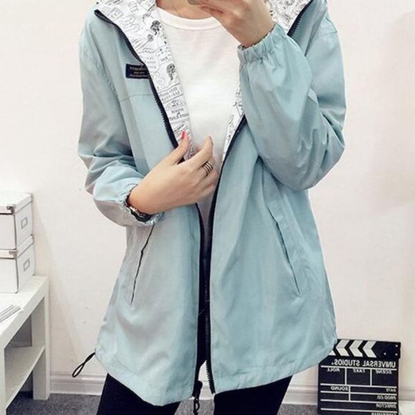 

2019 spring fashion women bomber basic jacket pocket zipper hooded two side wear cartoon print outwear loose plus size, Black;brown