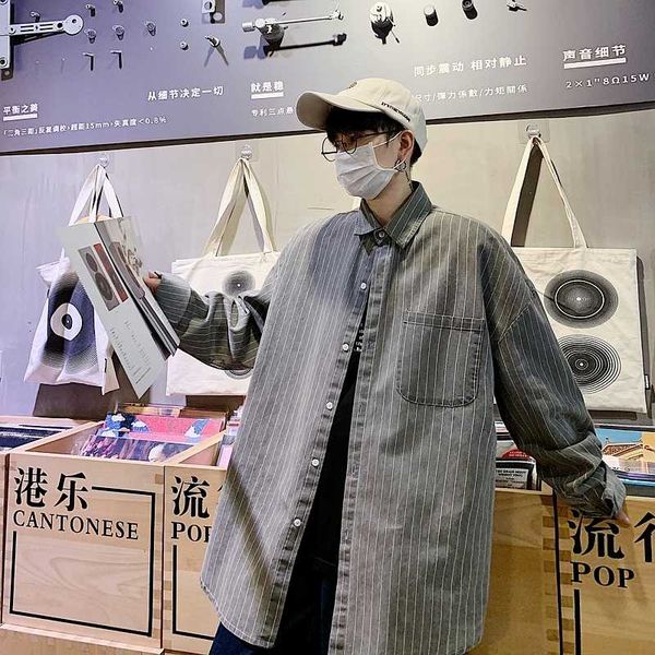 

2020 весной и осенью новая молодежь популярная полосатые с длинными рукавами джинсовая рубашка вскользь сыпучие однобортный рубашка синий, White;black