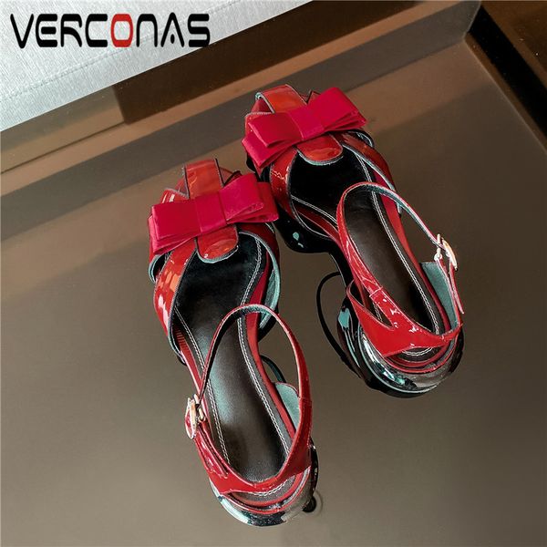 

verconas 2020 сексуальная женщина сандалии женщина насосы дизайн натуральная кожа лето бабочка узел круглый toe круглый каблуках, Black