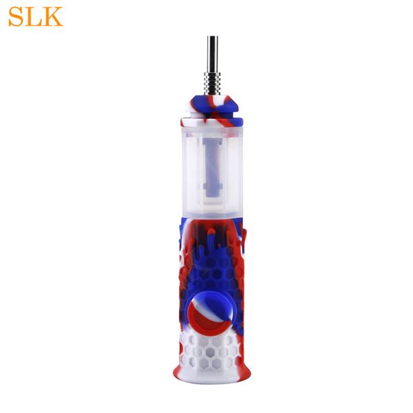 Mini-Silikon-Bong, achteckige Waben-Räucherpfeifen, Glas-Ölbrenner-Öl-Rig-Pfeife mit 10-mm-Titannagel und 2-ml-Wachsbehälter-Zubehör