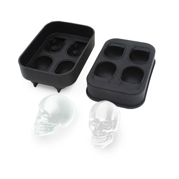 

3d skull flexible silicone ice cube mold tray, makes four giant iced skulls, easy release realistic skull ice cube make