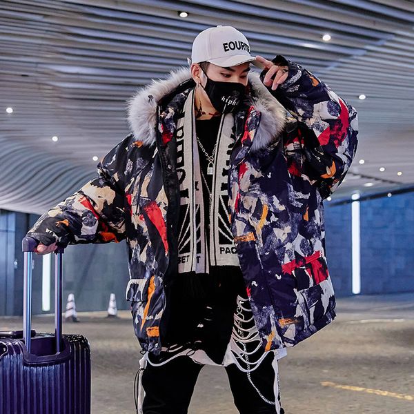 

2019 winter japanese street camouflage hooded coats mens fashion overcoat men thick coat warm men's clothing, Black