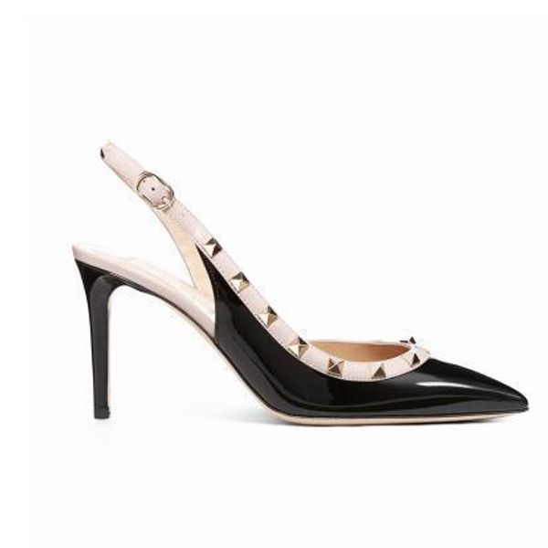 

star with the same rivet pointed high-heeled shoes liu ding word buckle female sandals patent leather fine with strap leather sandals, Black