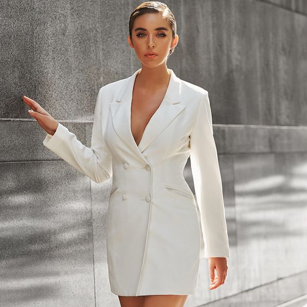 

office ladies long blazer long sleeve double-breasted slim jacket women solid women autumn outwear coat chaqueta mujer, White;black