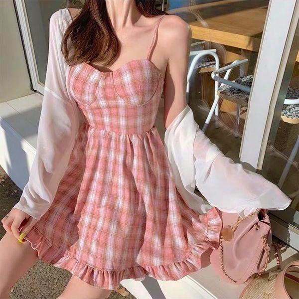

summer women dress 2019 vintage bohemian plaid pink beach dress sundress striped female ruffle vestidos, Black;gray