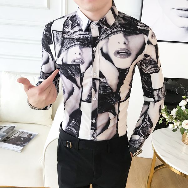 

british style print gentlemen tuxedo business men's shirts 3xl- shirt men slim fit dress male shirts long sleeve, White;black