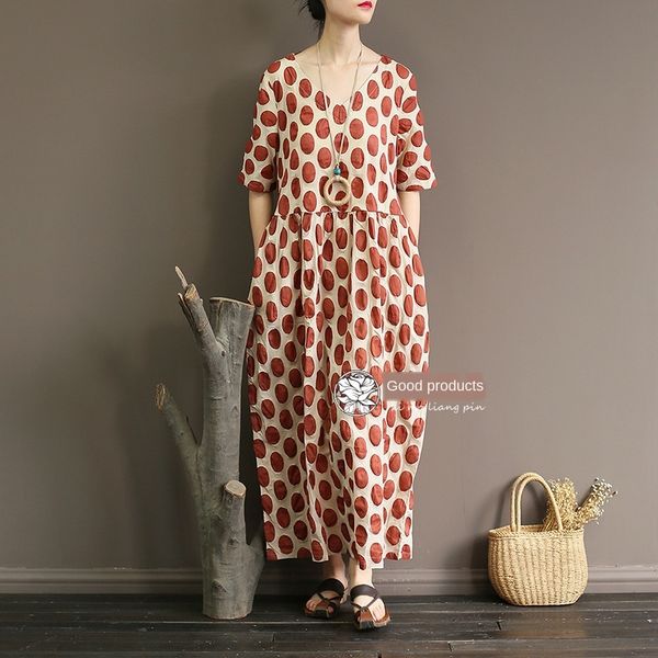 

1846 new summer product of xi mo salt shrinkage technology theme costume ethnic clothing loose middle sleeve dress v-neck art waist women&#0, Red