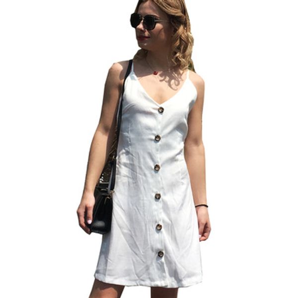 

2018 new women solid color dress fashion ladies sling v-neck back strap single-breasted dress female casual skirts, Black;gray