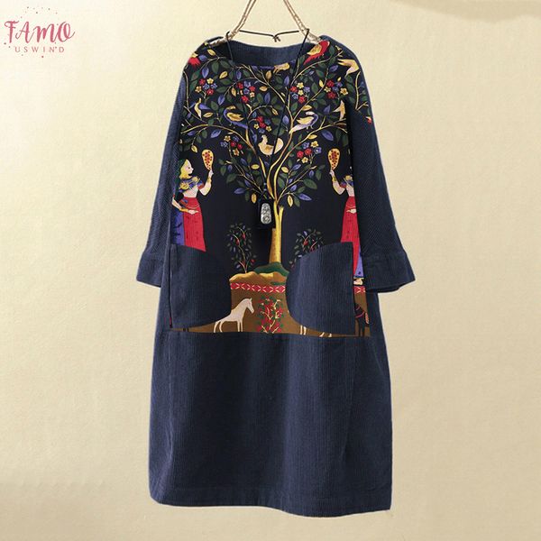 

women dress vintage corduroy ethnic print patchwork long sleeve pockets loose dress fashion female above knee mini winter dress m840, Black;gray