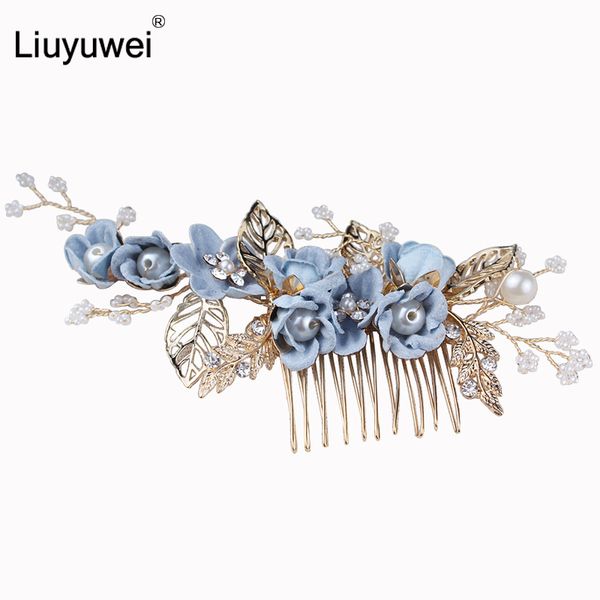 

purple blue pink flower hair combs wedding hair accessories pin pearl tiara bridal clips gold leaves bride jewelry, Golden;white