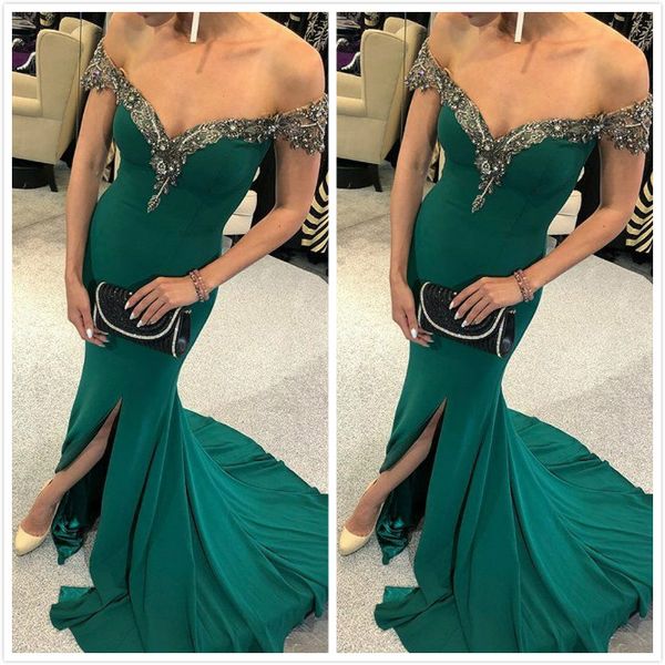

Hunter Green Mermaid 2019 Arabic Evening Dresses Beaded Crystals Prom Dresses Satin Sexy Cheap Formal Party Bridesmaid Pageant Gowns