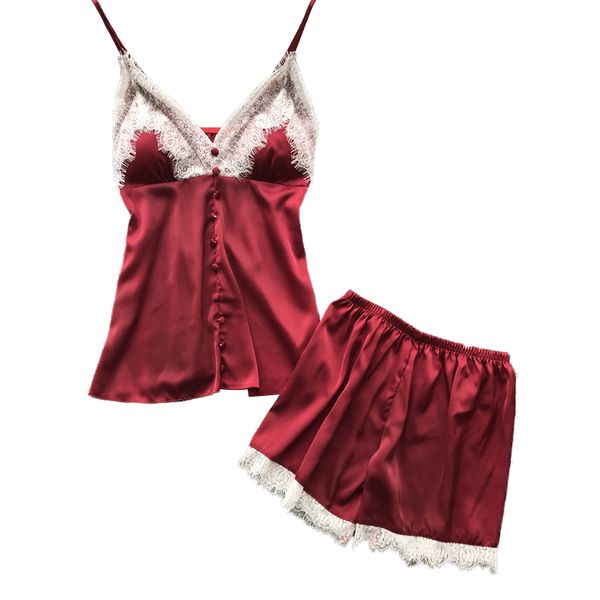 

spring new spaghetti strap lace pajamas v-neck with chest pad twinset pajama set for women, Black;red