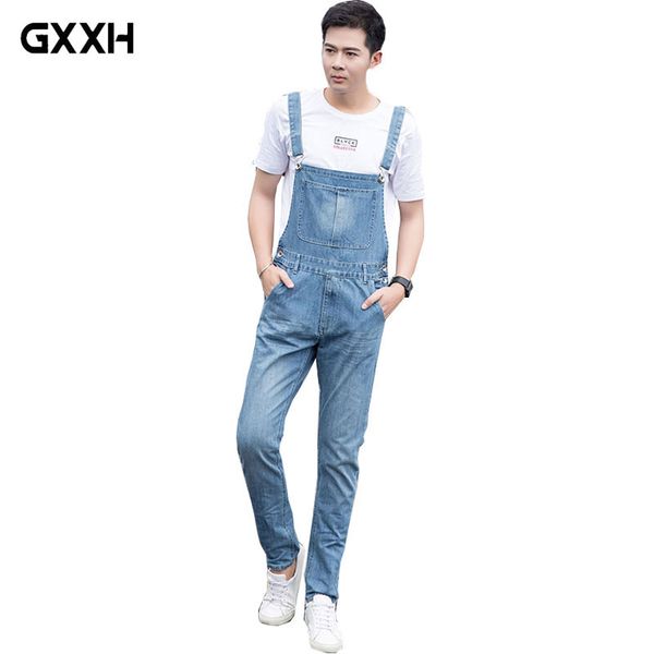

2019 new spring denim bib male korean version of the sling pants large size loose casual large size denim pants s-4xl 5xl, Blue