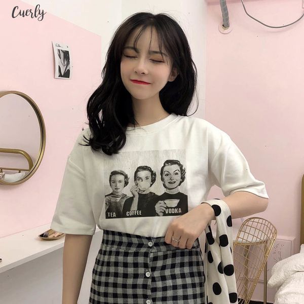

large applique harajuku size casual loose cartoon vintage shirt women short sleeve new o neck fashion white fun shirt