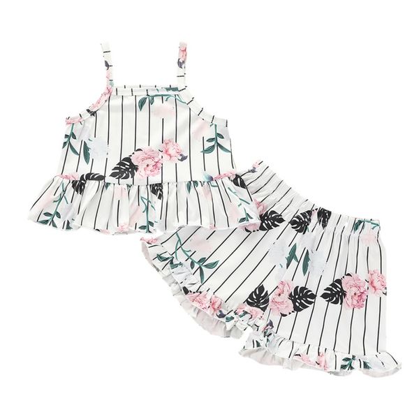 

summer new girl suit baby cute clothes set girl chinese style flower print suspender + shorts two piece set, White