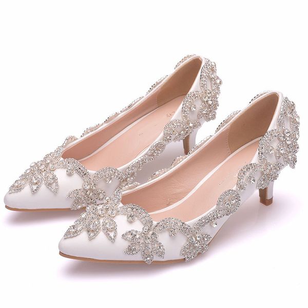 Pointed Toe White Color Wedding Shoes 5cm Comfortable Kitten Heel