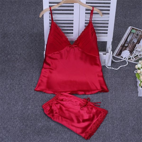 

2pc red satin women wedding pajama sets spaghetti strap & short pants ladies' nightdress summer lace home wear  l xl xxl, Blue;gray