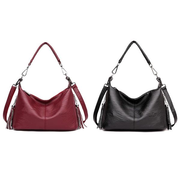 

portable pu leather tote bags ladies shoulder crossbody solid tassels elegant handbags multicolor large-capacity shopping bag