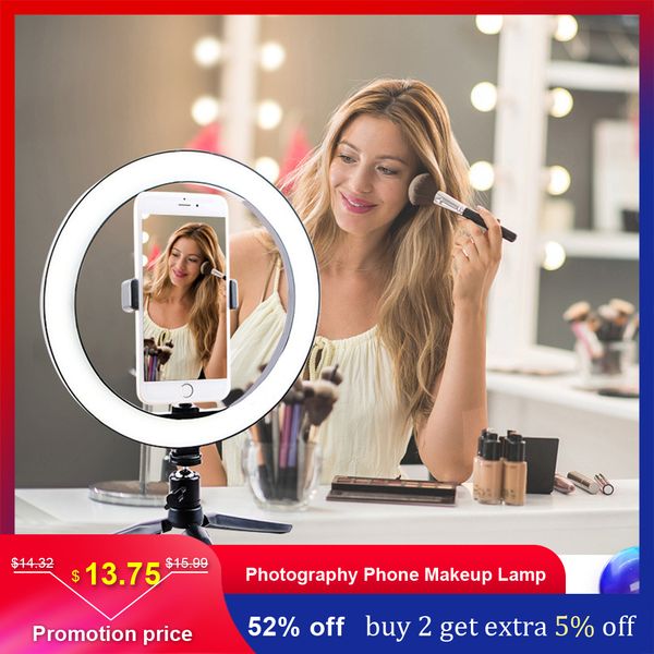 

pgraphy makeup mirror led selfie light 260mm dimmable make up camera phone lamp with table tripods phone holder stand