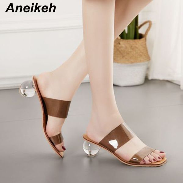 

aneikeh summer women shoes rome pvc sandals transparent clear glass round heels thin high heels slippers slip-on open toe sandal, Black