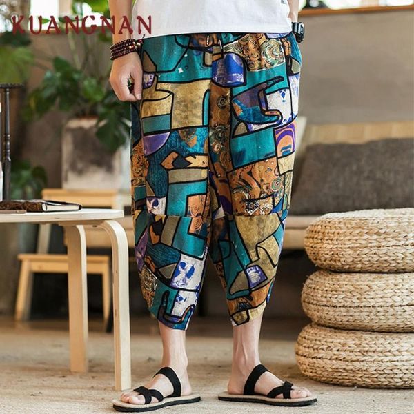 

kuangnan chinese style ankle-length cotton linen pants men trousers hip hop jogger pants men streetwear 2019 spring, Black