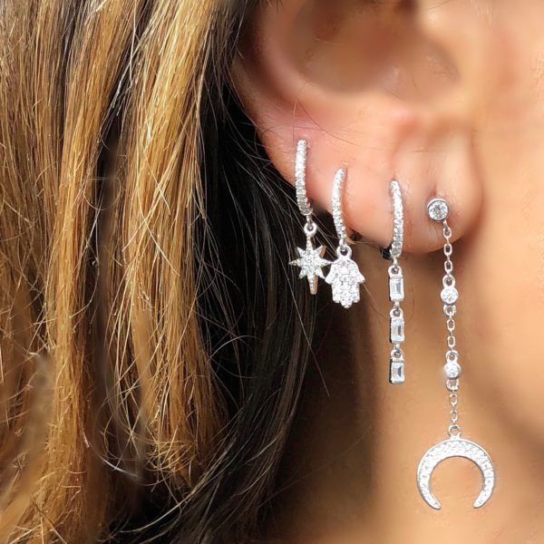 

silver color jewelry classic dangle ear jewelry micro pave clear cz tiny cute hamsa hand fatimas hand charm cz earring