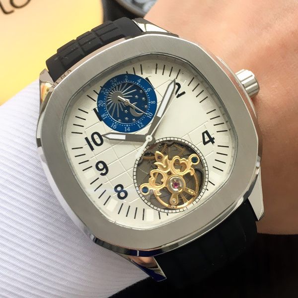 

luxury mens watches fashion flywheel mechanical automatic watch moon phase rubber strap 316l steel case wriswatch 45mm mens watches, Slivery;brown