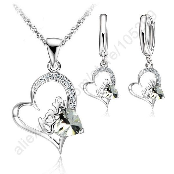 

925 sterlng silver jewelry sets plate love in heart cubic zircon pendant necklace leveback earrings jewelry sets