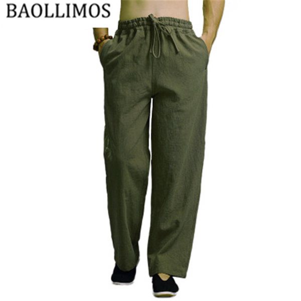 

mens nature cotton linen trousers summer pants 2xl casual male solid elastic waist straight loose pants, Black