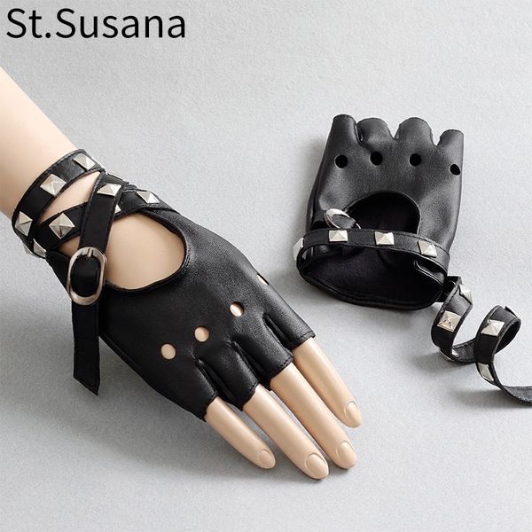 

2017 women summer gloves fashion half palm dancing driving fingerless rivet backless pu faux leather ale gloves mittens, Blue;gray