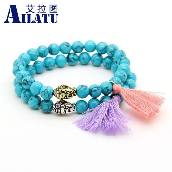 

ailatu new design wholesale 10pcs/lot 8mm simulated blue stone beads purple and pink tassel buddha head couple bracelet, Golden;silver