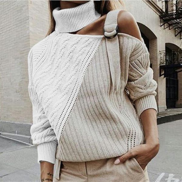 

sweater jumper women patchwork turtleneck knitwear autumn winter long sleeve off shoulder buckle knitted pullover, Black;red