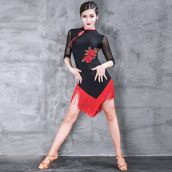 

latin dance dress black flower embroidery cheongsam new professional women competition performance dresses tango salsa, Black;red