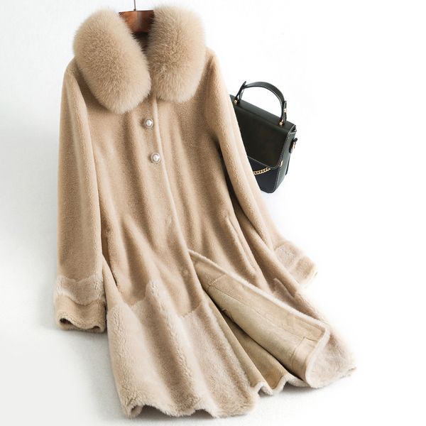 

real fur coat fur collar wool jacket autumn winter coat women clothes 2020 korean vintage sheep shearling suede lining t3672, Black
