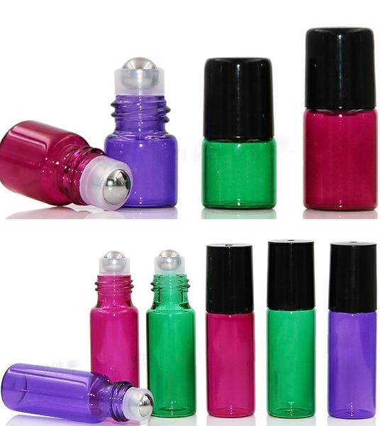 2019 Atacado garrafas de rolo, Mini 1 ml 2 ml 5ml garrafa de aço inoxidável de vidro roxo Verde Vermelho Vidro Cosmetic Roll On Pen