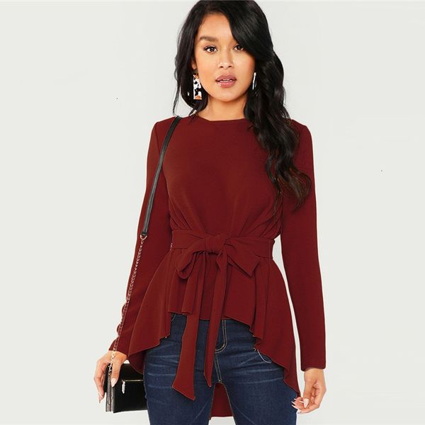 

womens blouses ladies burgundy long sleeve shirt women elegant blouse ladies self belted asymmetrical hem womens blouses, White