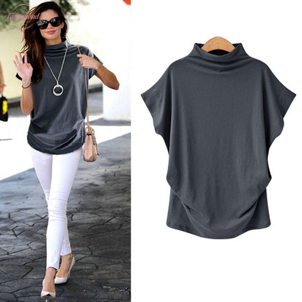 

women casual summer t shirt short batwing sleeve loose solid black gray turtleneck tee shirt 2020 t-shirts femme tees, White