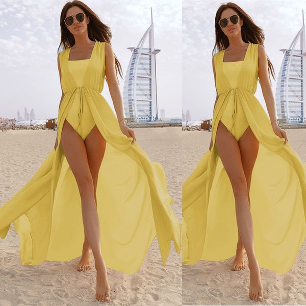 

long beach dress women maxi sundress solid yellow beachwear ladies cardigan bikini swimsuit swimdress chiffon cover up plus size