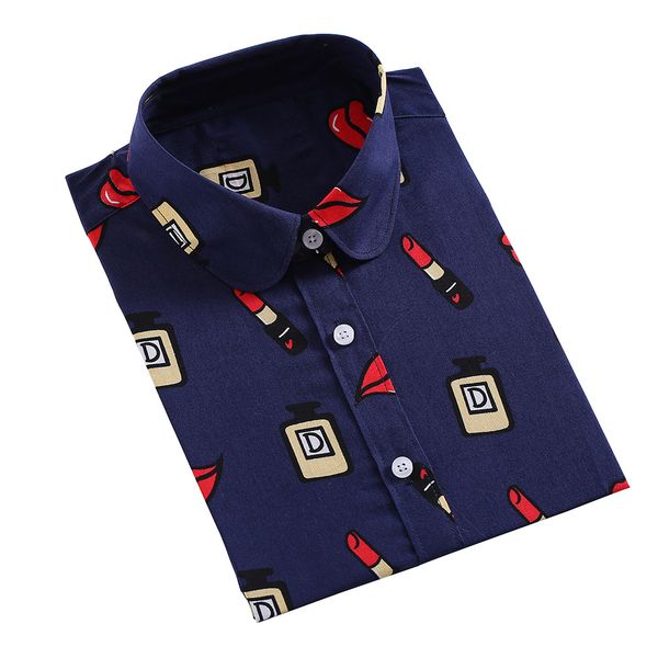 

plus size 5xl lipstick print blouse long sleeve sun flower shirt women cotton blouse shirt turn down collar spring 2019 new, White