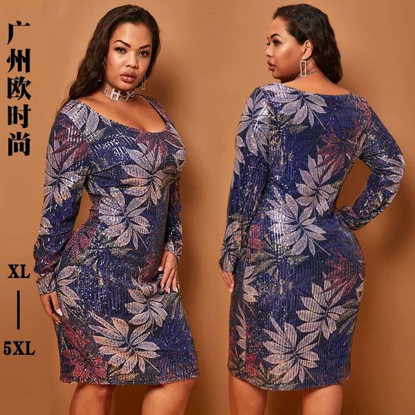 

europe and the united states round neck skinny party sequin dress explosion models large size women's dress, Black;gray