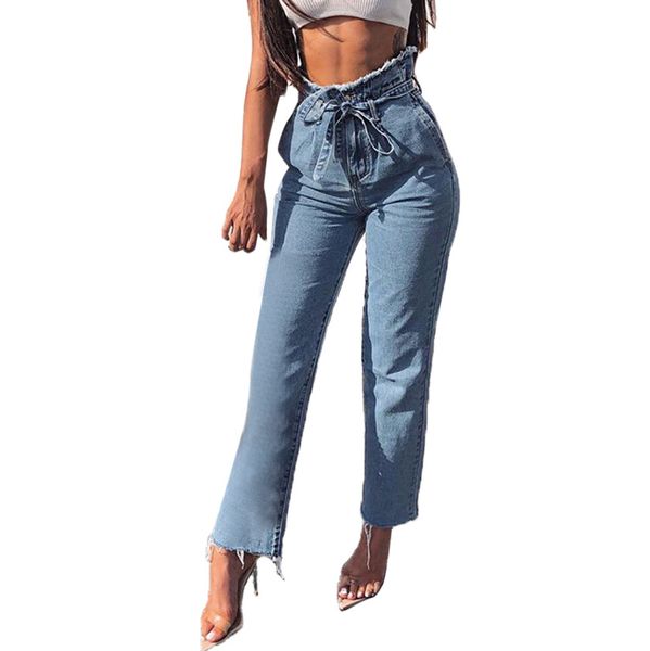 

women hight waisted loose bow bandage hole denim jeans stretch pants button fly ankle-length pants jean #0225, Blue