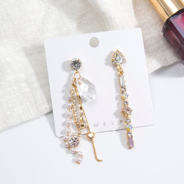 

korean luxury shiny asymmetric rhinestone long chain pendant dangle drop earrings fashion jewelry earrings 5c3004, Golden