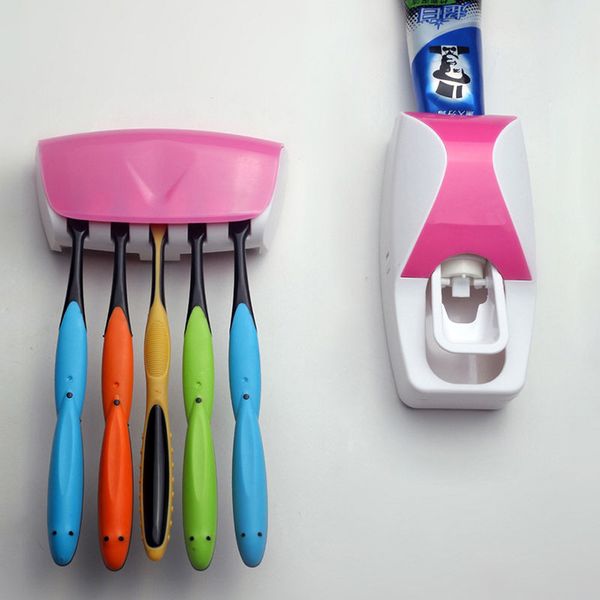 1 Set Dispenser Automatico di dentifricio Set 5 Portaspazzolino Montaggio a Parete Bagno Forniture da toeletta in Nero