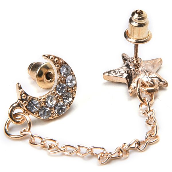 

1/2pcs full rhinestone star and moon earring two ear holes connection stud earrings double ear hole chain piece earring jewelry, Golden;silver