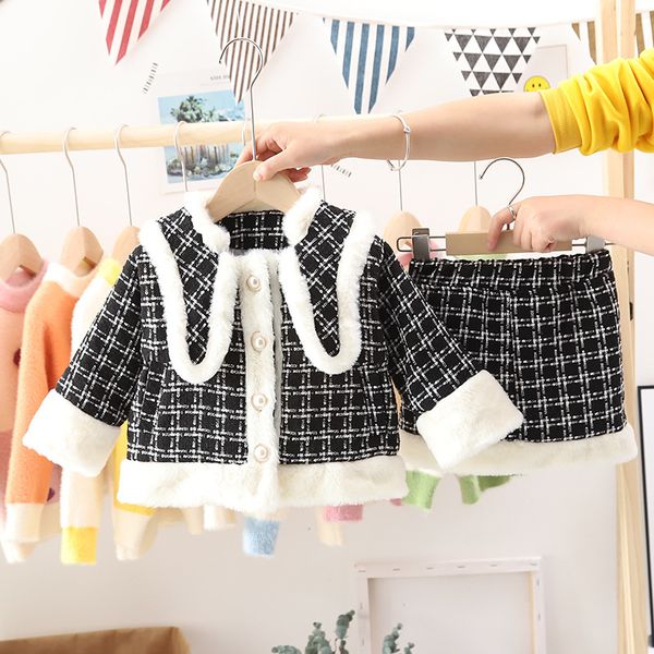 

girls clothing set winter baby thick plaid checkered velvet coat for baby princess outerwear + skirt warm 2 piece clothing sets t200414, White