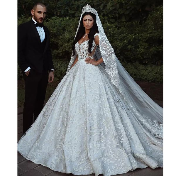 

luxury princess full lace wedding dresses sweetheart illusion abric dubai wedding gown court train castle bridal gowns, White