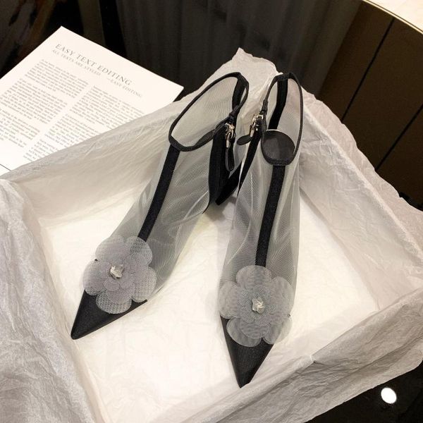 

liang xue 2020 explosion gauze breathable chunky-heel shoes camellia tip zipper boots, Black