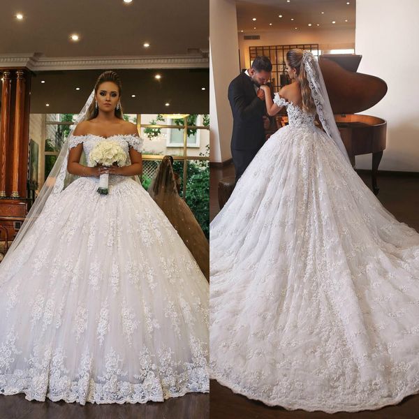 

2019 white princess wedding dresses off shoulder lace beads sweep train bridal ball gowns plus size chapel vestido de novia