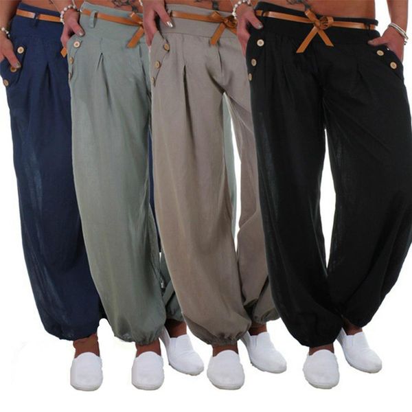 

pants loose women trouser cotton linen pleated oversize pockets wide leg pants belt high waist trousers harem gifts, Black;white