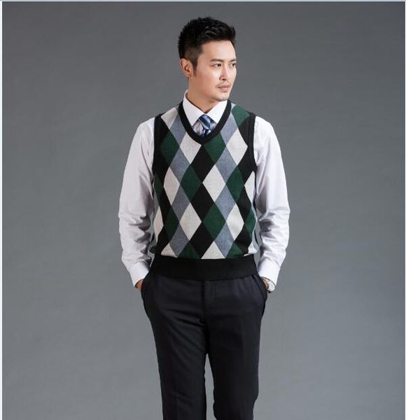 

mens autumn 2016 fashion argyle sleeveless sweater v neck man wool sweater vest, Black;white